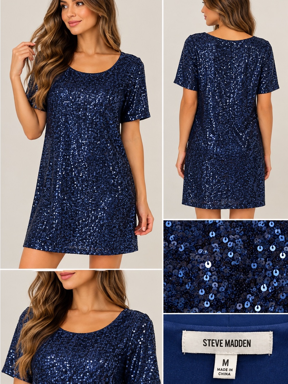 Steve Madden Navy Sequin Short Sleeve Shift Dress